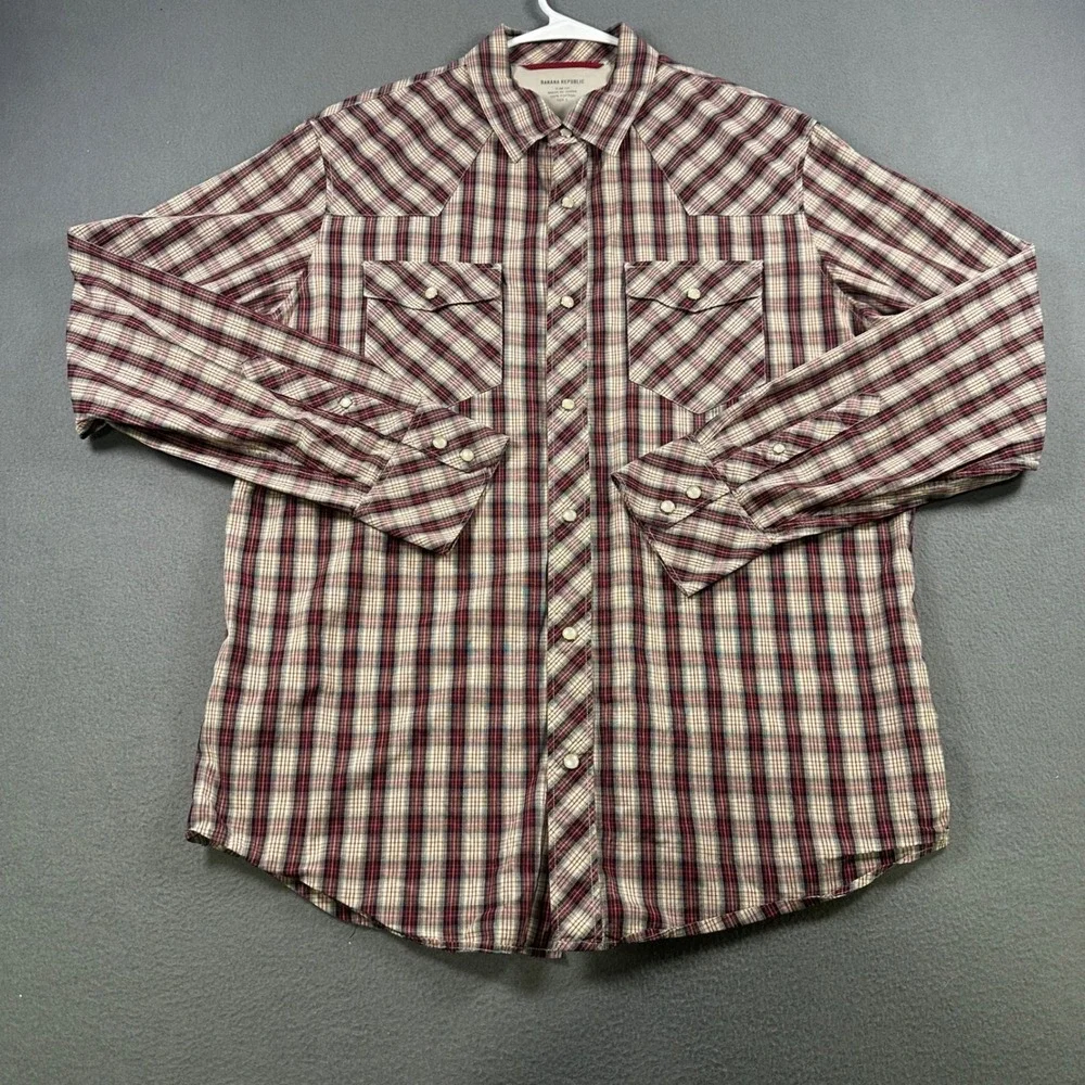 Banana Republic Mens Slim Fit Western Plaid Snap Button Shirt Red Cream Large